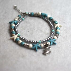 Beachy Blue/Silver Tone/White Double Beaded Turtle Charm 8 Inch Anklet Bracelet